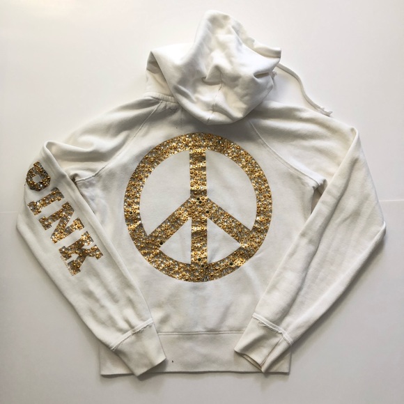 PINK Victoria's Secret Sweaters - PINK Rhinestone Metallic Peace Sign Zip-Up Hoodie